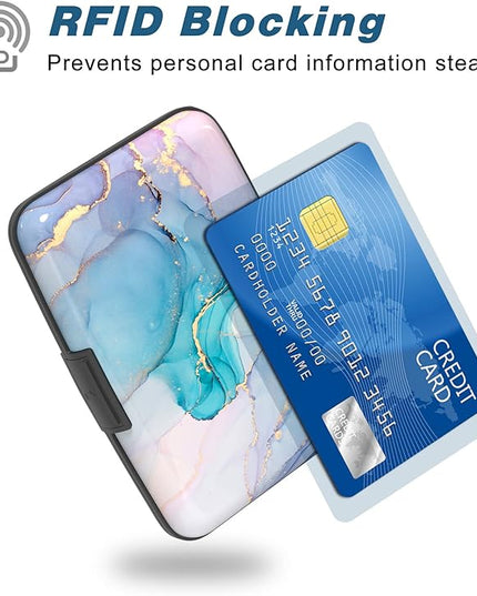 Atufsuat Credit Card Holder, Mini Aluminum Card Wallet RFID Blocking Slim Metal Hard Card Case for Women Men, Purple Gold Marble