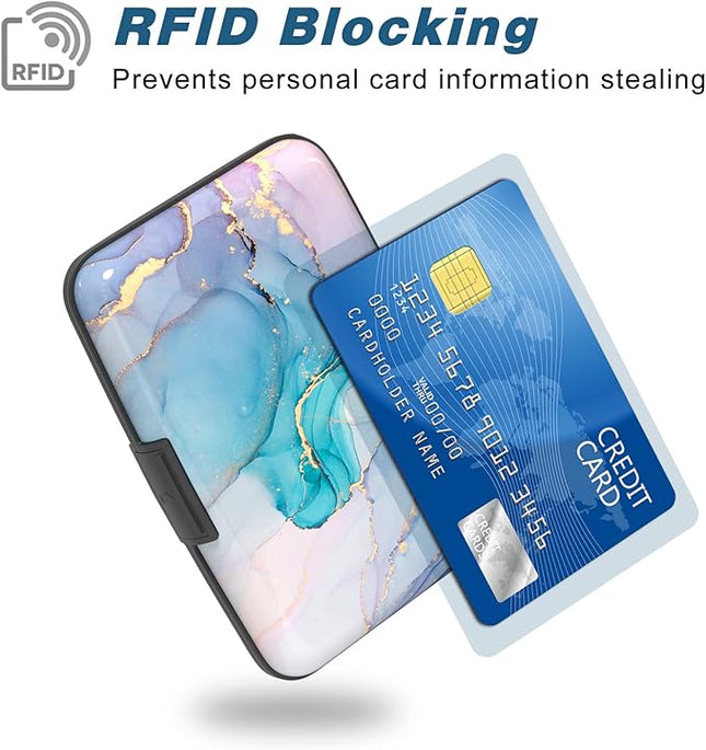 Atufsuat Credit Card Holder, Mini Aluminum Card Wallet RFID Blocking Slim Metal Hard Card Case for Women Men, Purple Gold Marble