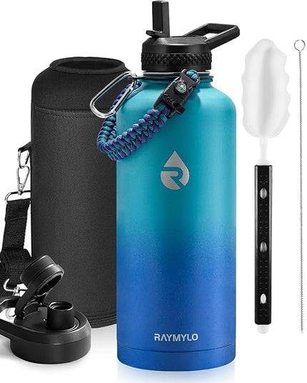 Insulated Water Bottle 87 oz, Triple Wall Vacuum Stainless Steel (Cold for 48 Hrs), Leak Proof & Non-BPA, Modern Water Flask Jug with Paracord Handle & Straw Spout Lids, Cyan Blue