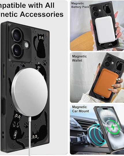 Cute Case for iPhone 16 Case for Women Girls Boys [Compatible with Magsafe] Kawaii Black Cats Cat Pattern Design, Aesthetic Girly Animal Rectangle Magnetic Protective Phone Cover