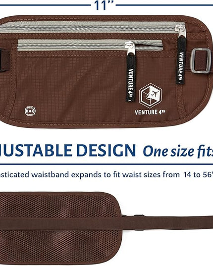 VENTURE 4TH Money Belt for Travel – Hidden Under-Clothes RFID Blocking Passport Holder & Slim Travel Wallet Pouch for Men & Women to Protect Cash, Cards & Documents (Brown)