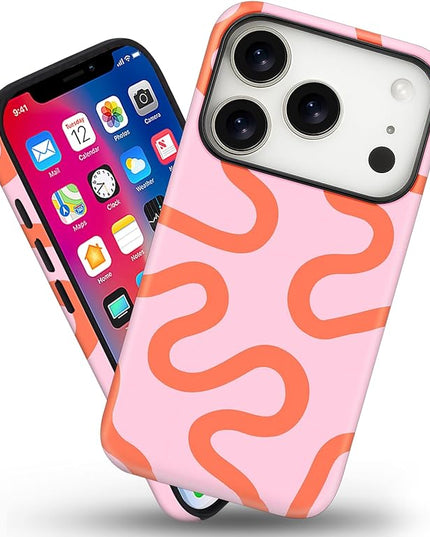 Magnetic for iPhone 17 Pro Max Case Cute Curved Stripes Phone Case, Shockproof Slim TPU and Hard PC Protective Phone Cover Compatible with MagSafe Designed for Women Girls,Pink