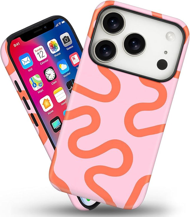 Magnetic for iPhone 17 Pro Max Case Cute Curved Stripes Phone Case, Shockproof Slim TPU and Hard PC Protective Phone Cover Compatible with MagSafe Designed for Women Girls,Pink