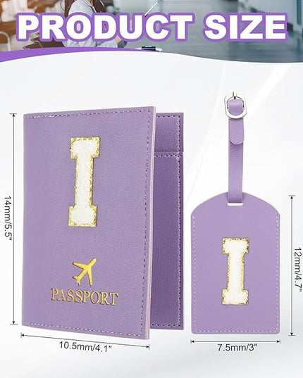 PATIKIL Passport Holder for Travel, Initial Passport Cover and Luggage Tag Set with Alphabet Chenille Letter Patch Travel Wallet Bag Suitcase Identifier for Women Family Travel Purple I