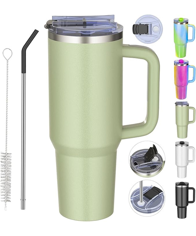 40 oz tumbler with handle and straw,Double Wall Vacuum Reusable Stainless Steel Insulated Water Bottle,With Leak Proof lid and Straw for Iced or Cold Beverages (bay green)