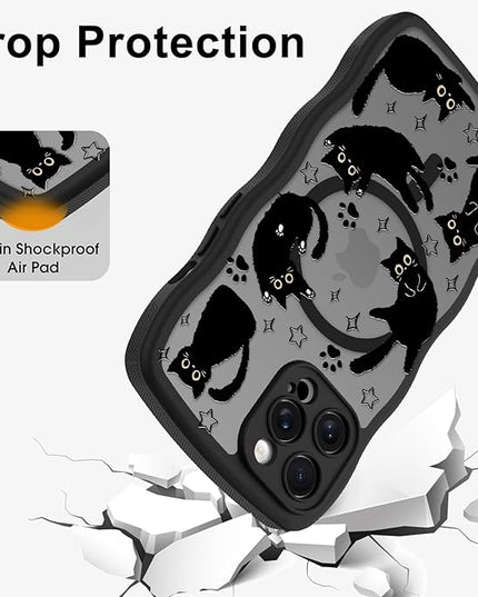 Cute Case for iPhone 12 Pro Max Case [Compatible with MagSafe] with Kawaii Black Cats Cat Print Pattern Design for Women Girls, Soft Wavy Edge Anti-Slip Animal Magnetic Protective Phone Cover