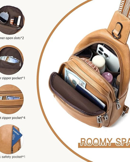 Sling Bag for Women Cross Body Purse Fanny Pack Sling Backpack Vegan Leather Shoulder Crossbody Bag Travel Tan