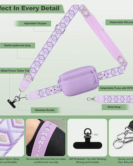 Clip and Go Strap for Phone with Wallet Crossbody, Adjustable Phone Lanyard with Detachable RFID Wristlet Wallet, Pattern Strap, Light Purple(M)