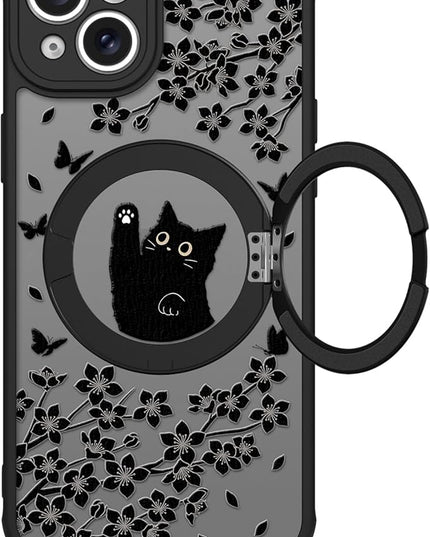 Cute Case for iPhone 14 Case with Stand [ Compatible with MagSafe ] Kawaii Black Cat & Floral & Butterflies Pattern Design 360 Magnetic Ring Kickstand Phone Cover for Women Girls Boys