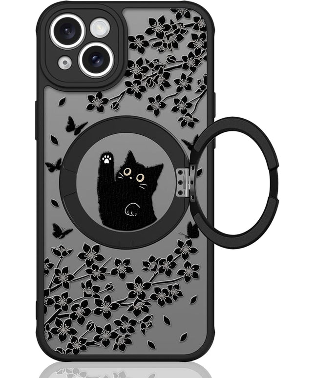 Cute Case for iPhone 13 Case with Stand [ Compatible with MagSafe ] Kawaii Black Cat & Floral & Butterflies Pattern Design 360 Magnetic Ring Kickstand Phone Cover for Women Girls Boys