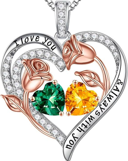 Iefil Christmas Gifts for Women Wife - 925 Sterling Silver Rose Heart Birthstone Necklace Birthday Anniversary Jewelry Gifts for Her Wife Mom Daughter