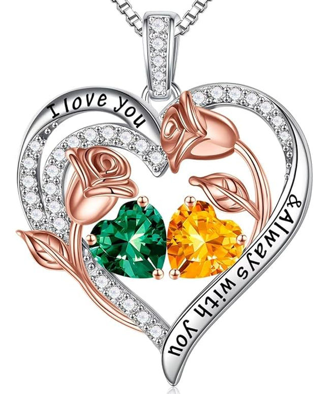 Iefil Christmas Gifts for Women Wife - 925 Sterling Silver Rose Heart Birthstone Necklace Birthday Anniversary Jewelry Gifts for Her Wife Mom Daughter