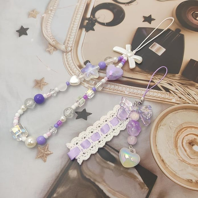 2 Pack Phone Charms, Cute Aesthetic Beaded PhoneCharm Strap Phone Lanyard String PhoneChain Accessories for Bag Keychain Airpods Camera Pendants