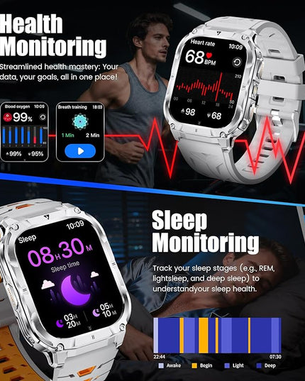 2.0" Military Smart Watch for Men with Flashlight, Make/Answer Calls, 1000mAh, IP68 Waterproof, 100+ Sport Modes Fitness Tracker for Workout Outdoor iOS Android Compatible, Silver