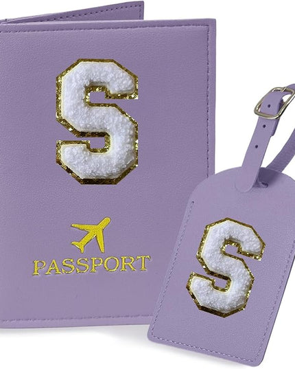 COSHAYSOO Purple Passport Cover Holder and Luggage Tag Set TSA Approved with Initial Chenille Letter Patch A-Z for Women Teenage Girls, Vaccine Card Slot Travel Bag Suitcase Identifier (S)