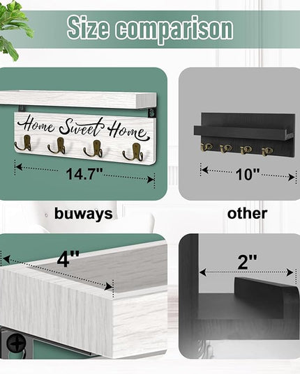 buways Wall-Mounted Key and Mail Holder, Wooden Key Rack with 4 Double Key Hooks, Rustic Home Decor for Entryway(White)