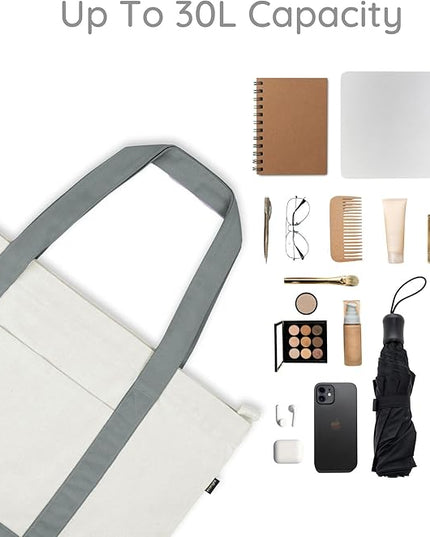 Eco Right Canvas Tote Bag for Women with Zip & Inner Pocket, 100% Organic Cotton Tote Bags for Men, Shopping, Beach