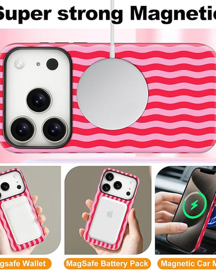 Magnetic for iPhone 17 Pro Case Cute Wavy Stripes Phone Case, Shockproof Slim TPU and Hard PC Protective Phone Cover Compatible with MagSafe Designed for Women Girls, Red