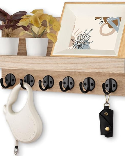 Lwenki Key Holder Wall Mount, Entryway Key and Mail Holder with 7 Sturdy Hooks for Sunglasses, Dog Leash, Decorative Wall Shelf with Mounting Hardware, 15”W x 6.7”H x 4.2”D (Wood)