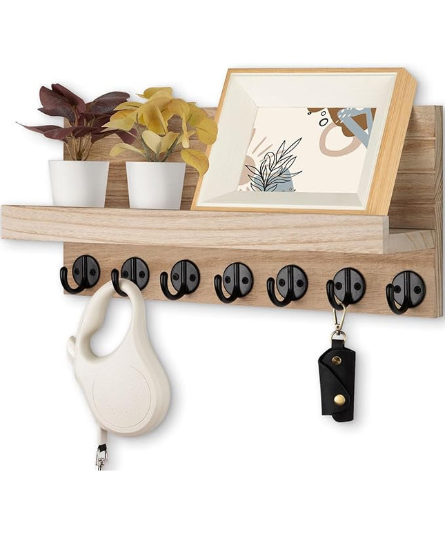 Lwenki Key Holder Wall Mount, Entryway Key and Mail Holder with 7 Sturdy Hooks for Sunglasses, Dog Leash, Decorative Wall Shelf with Mounting Hardware, 15”W x 6.7”H x 4.2”D (Wood)