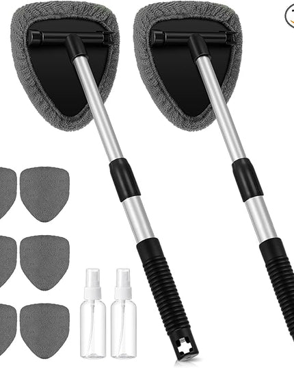 Baderke 10 Pcs Windshield Cleaner Tool Car Window Cleaning Supplies with Extendable Handle Include 6 Washable Microfiber Bonnets 2 Empty 60ml Spray Bottle Glass Wiper Kit (Gray)