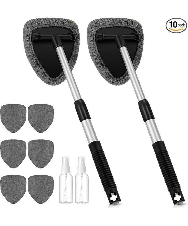 Baderke 10 Pcs Windshield Cleaner Tool Car Window Cleaning Supplies with Extendable Handle Include 6 Washable Microfiber Bonnets 2 Empty 60ml Spray Bottle Glass Wiper Kit (Gray)