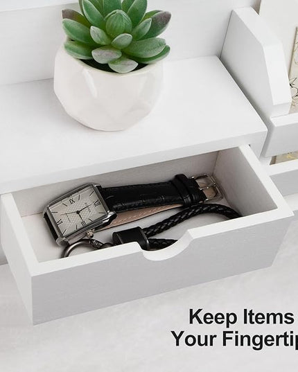 Lwenki Wall Mount Key Holder with Mail Organizer, 100% Paulownia Wood, 7 Metal Hooks, Storage Drawer, Entryway Home Decor (White)