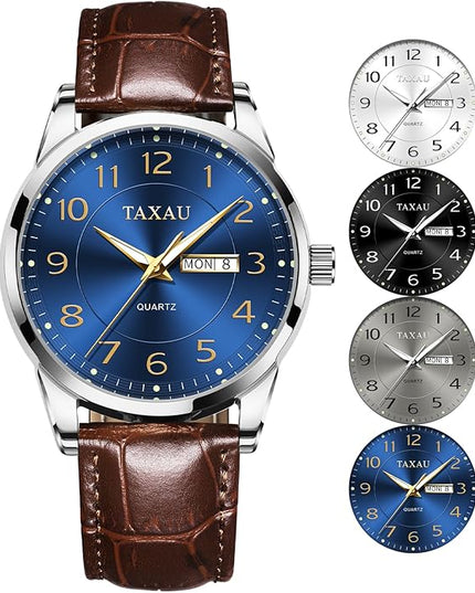 Men Dress Watch Waterproof Leather Watches for Men with Day Date Luxury Large Arabic Numerals Analog Quartz Classic Leather Watch Easy Read relojes para Hombres
