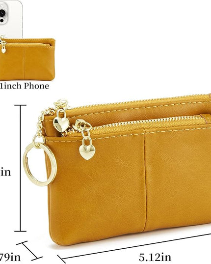 ZOOEASS Women PU Leather Zip Mini Coin Purse With Key Ring Triple Zipper Card Holder Wallet (Yellow)