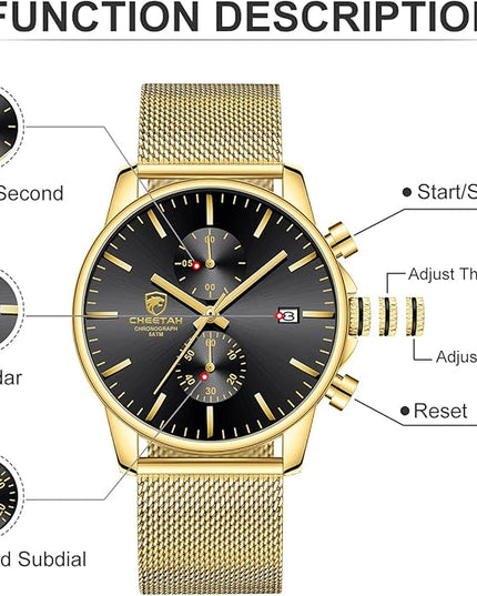 GOLDEN HOUR Mens Watch Fashion Sleek Minimalist Quartz Analog Mesh Stainless Steel Waterproof Chronograph Watches for Men with Auto Date