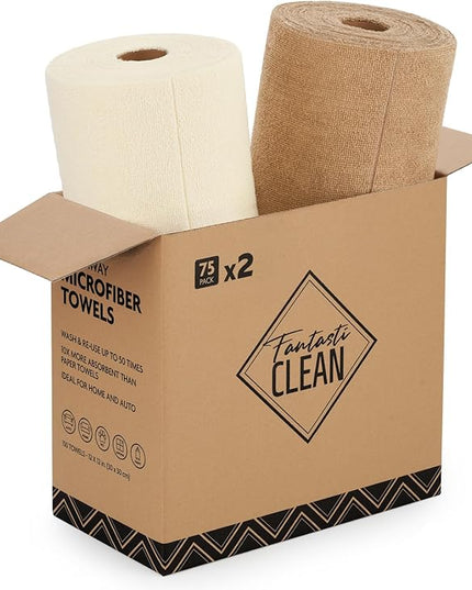 Fantasticlean Microfiber Cleaning Cloth Roll -150 Pack, Tear Away Microfiber Towels, 12" x 12", Reusable, Washable, Ultra Absorbent Dishcloth for All-Around Cleaning Supplies (Tan & Beige)