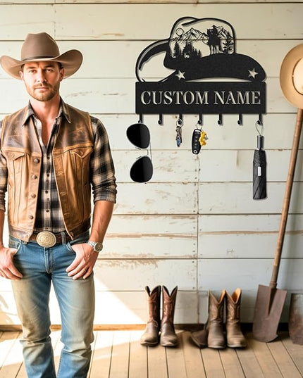 LOWACOS Personalized Key Holder for Wall, Custom Metal Cowboy Key Hooks with Name, Meta Jacket Holder Hooks Organizer Rack, Jacket Hanger Decor for Kitchen, Entryway, Hallway, Office, Doorway