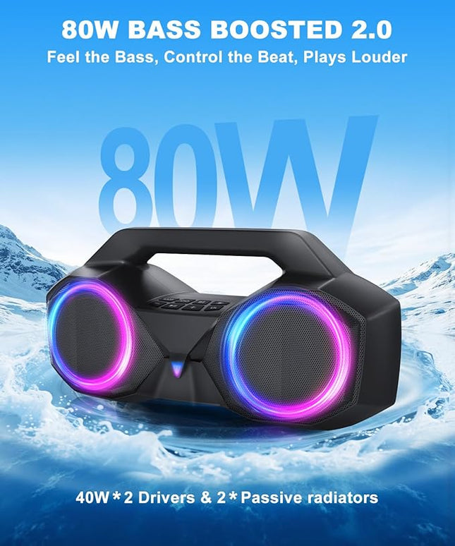 Bluetooth Speaker 80W(Peak)Loud with Bass, 20H Playtime, IPX7 Waterproof, RGB Lights, TWS, Large Portable Wireless Speakers for Outdoor, Home, Party, Pool, Beach, Tailgating, Gym, Work, Gifts (Black)