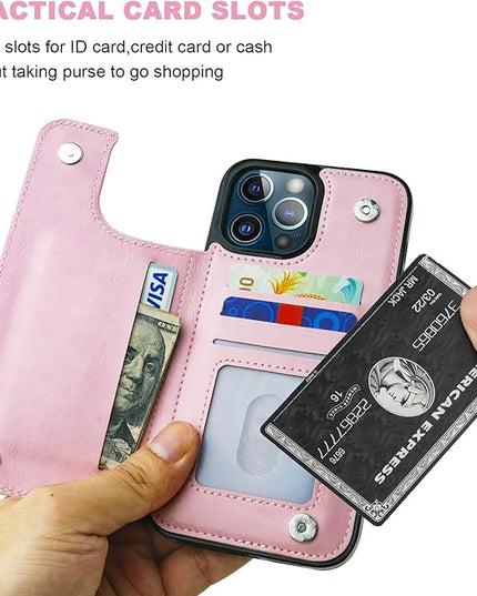 ONETOP Compatible with iPhone 13 Pro Max Wallet Case with Card Holder,PU Leather Kickstand Card Slots Case, Double Magnetic Clasp and Durable Shockproof Cover 6.7 Inch(Pink)