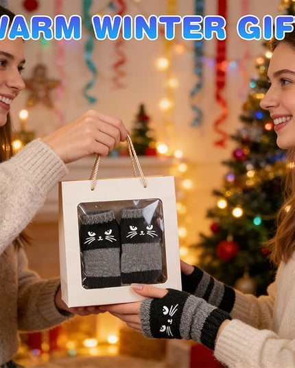 Women's Knitted Fingerless Gloves with Cute Cat Embroidery, Warm Fashion Leaky Finger Casual Cat Splicing Knitted Gloves