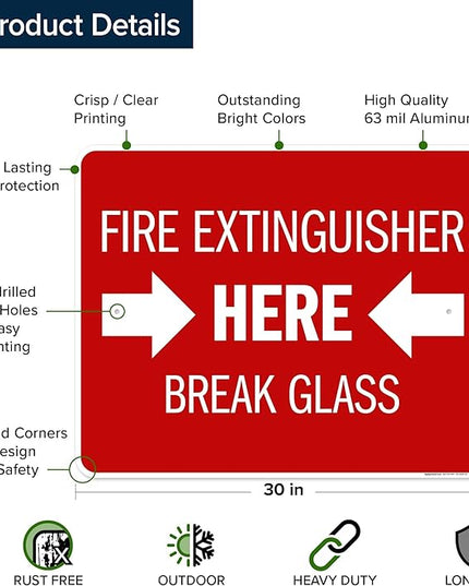 Fire Extinguisher Here Break Glass Sign, 24x30 Inches, Rust Free .063 Aluminum, Fade Resistant, Made in USA by My Sign Center