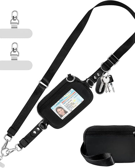 Clip and Go Strap for Phone with Wallet Crossbody Phone Lanyard Adjustable and Detachable RFID Wristlet Wallet with ID Window and Zipper, Black