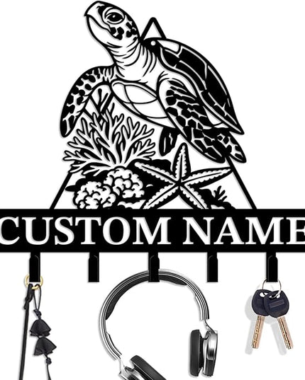 Casebrick Custom Sea Turtle Metal Wall Hooks,Key Holder-Personalized Iron Wall Decor for Keys, Coats & Home Organization (Black, Handmade,Decorative for Entryway, Beach,Bedroom,Office) (Style M)