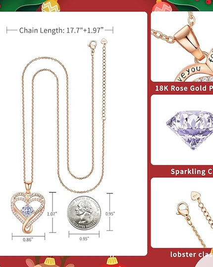 Infinity Love Heart Birthstone Necklace for Women Wife, S925 Sterling Silver Anniversary for Women Wife Birthday Gift for Her Girlfriend Mom Daughters, I Love You Women's Jewelry 18k Rose Gold Filled