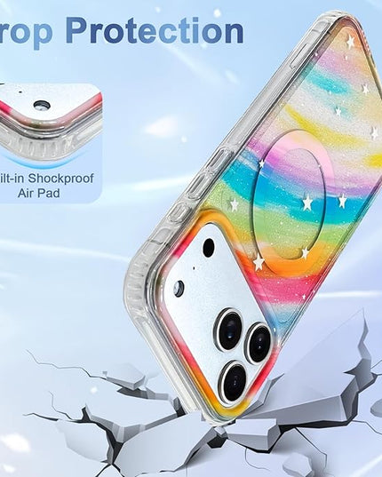 Cute Case for iPhone 17 Pro Case for Women Girls [Compatible with Magsafe] Aesthetic Girly Trendy Glitter Sparkly Bling Magnetic Protective Phone Cover, Rainbow