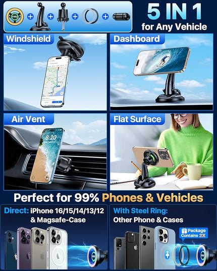 YRU [Truely Upgrade & Patent] Car Phone Holder for Magsafe [98+LBS Strongest Suction & Enhanced Magnetic] Dashboard Car Mount Windshield Vent Phone Stand for iPhone 17/16/15/14/13/12 Pro Max (Golden)