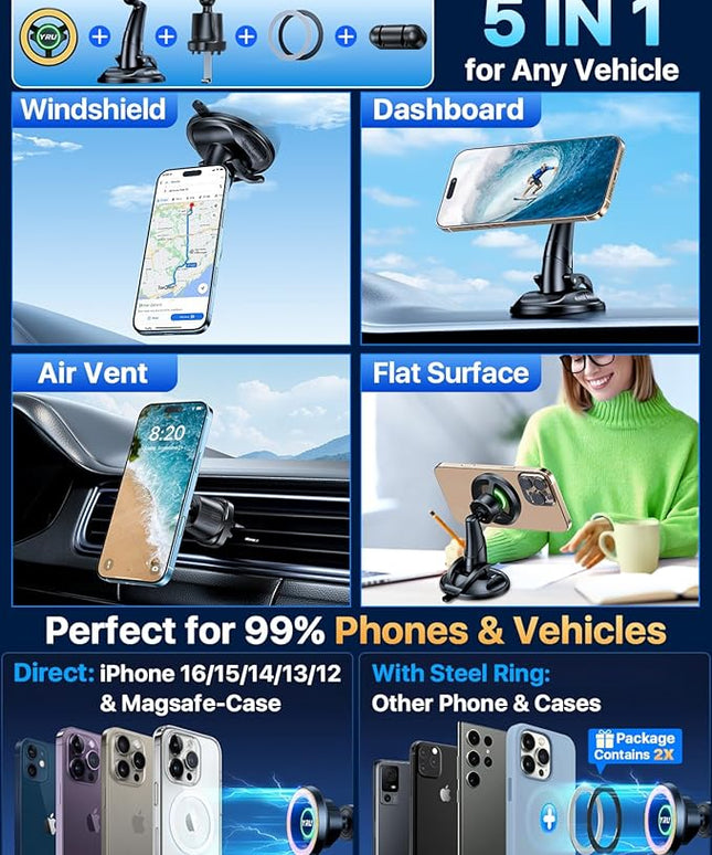 YRU [Truely Upgrade & Patent] Car Phone Holder for Magsafe [98+LBS Strongest Suction & Enhanced Magnetic] Dashboard Car Mount Windshield Vent Phone Stand for iPhone 17/16/15/14/13/12 Pro Max (Golden)