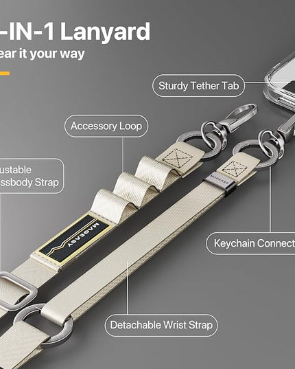MAGEASY 2-IN-1 Cell Phone Lanyard Crossbody + Wrist Strap Detachable, Built-in Phone Tether Tab & Keychain Compatible with iPhone Most Smartphones | Click and Go Strap for Daily Travel (Starlight)