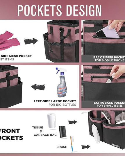 Compact Wearable Cleaning Caddy, Small Cleaning Caddy Supplies Organizer with Handle & Shoulder Straps for Housekeepers, Under Sink & Car Cleaning Tool Organizers Bag (LotusPink)
