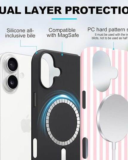 Magnetic for iPhone 17 Case Cute Stripes Phone Case, Shockproof Slim TPU and Hard PC Protective Phone Cover Compatible with MagSafe Designed for Women Girls, Pink and White