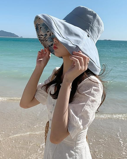 HUAMULAN Women Summer Sun Hat Wide Brim Wired Edge Floral Beach Bucket Hats Reversible Foldable Travel UV Protection Lady Hat