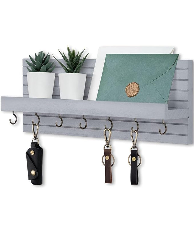 Lwenki Decorative Key Holder for Wall with Shelf, Entryway Shelf with Hooks Holds Leashes, Jackets and Glasses – Sturdy Wood Keyholder Entrance Hanger with Mounting Hardware (Gray, Large)
