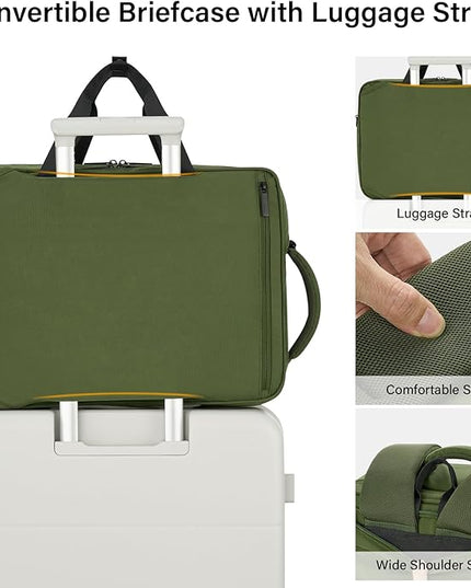 Hanke Convertible Laptop Bag, 3 In 1 Briefcase Backpack 17.3 Inch Computer Bag for Men Women, Travel Laptop Briefcase Messenger Bag, Underseat Carry On Personal Item, Pine Green