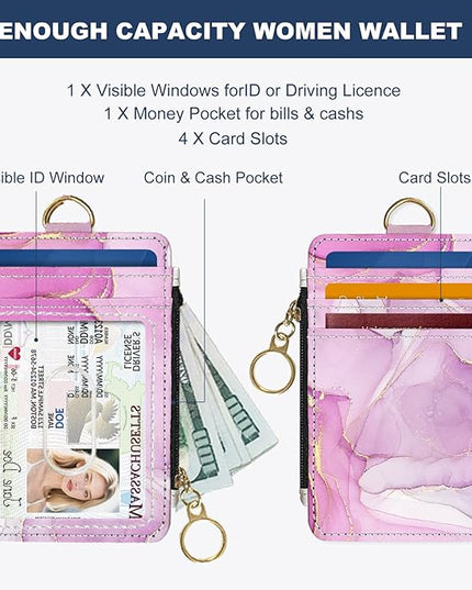 Slim Wallet Credit Card Holder, Pink Marble Pattern, RFID Wallet Women Cute Small Front Pocket Wallet With Zipper, PU Leather Thin travel RFID Blocking Card Case ID Window,Ladies Gifts