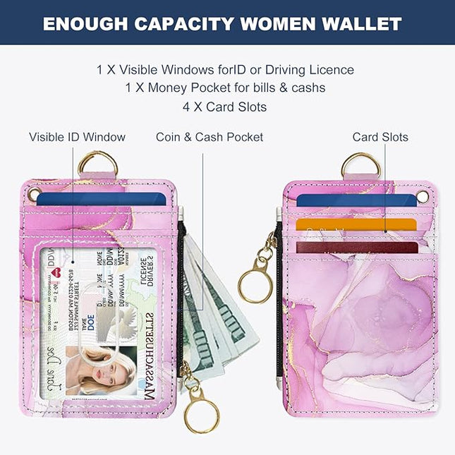 Slim Wallet Credit Card Holder, Pink Marble Pattern, RFID Wallet Women Cute Small Front Pocket Wallet With Zipper, PU Leather Thin travel RFID Blocking Card Case ID Window,Ladies Gifts